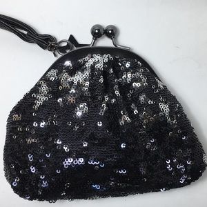 Black & silver sequined evening wristlet bag